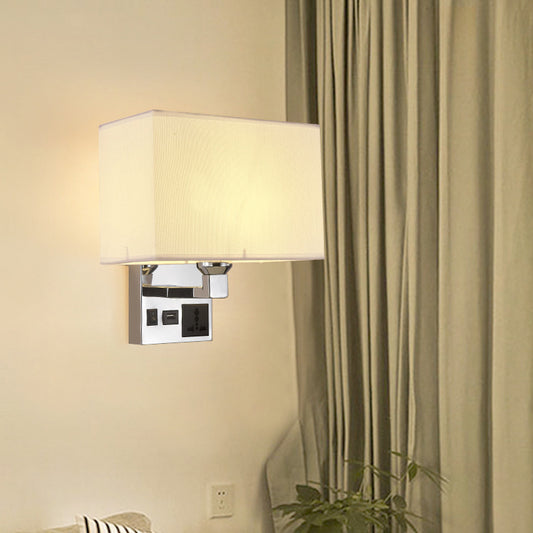 Rectangle Fabric Wall Light Simple Single White/Flaxen Wall Sconce with 3-Hole Socket and USB Charging Port White Clearhalo 'Cast Iron' 'Glass' 'Industrial' 'Modern wall lights' 'Modern' 'Tiffany' 'Traditional wall lights' 'Wall Lamps & Sconces' 'Wall Lights' Lighting' 1972907