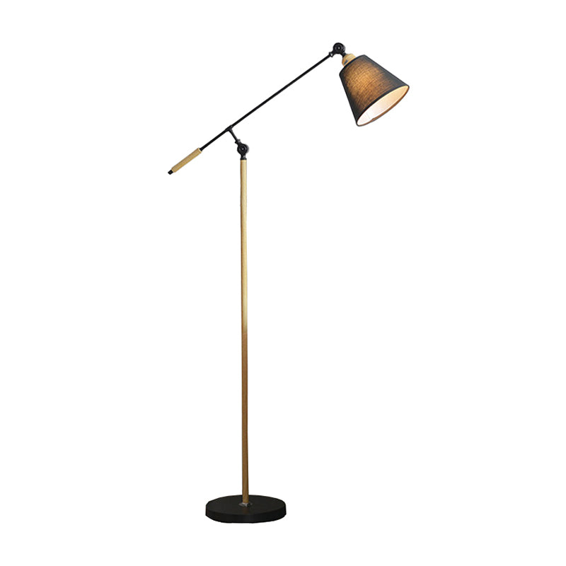Tapered Floor Reading Lamp Nordic Fabric 1 Bulb Black/White and Wood Floor Light with Swing Arm Black B Clearhalo 'Floor Lamps' 'Lamps' Lighting' 1972933