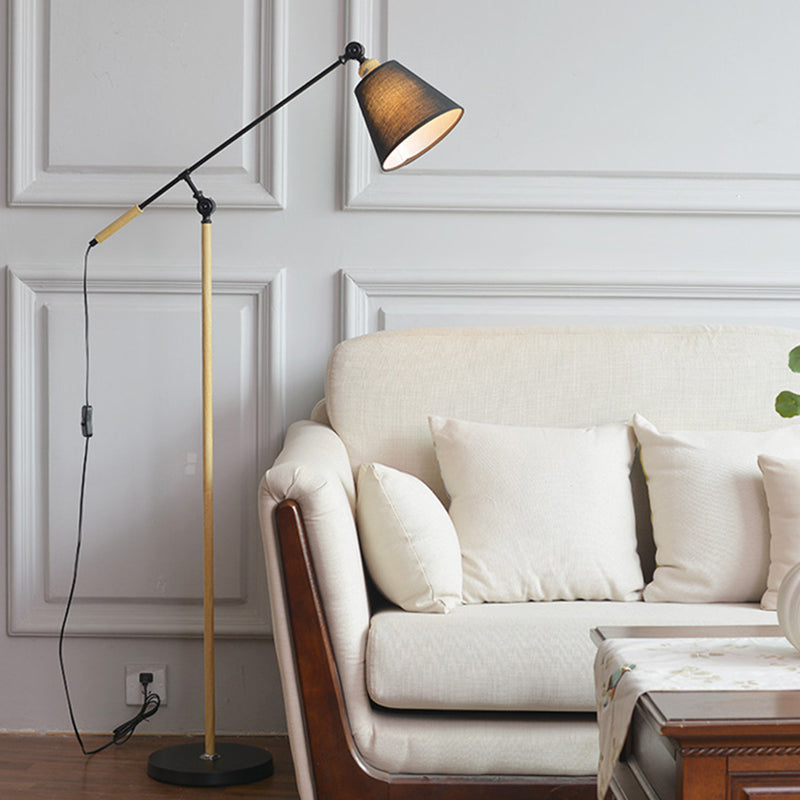Tapered Floor Reading Lamp Nordic Fabric 1 Bulb Black/White and Wood Floor Light with Swing Arm Clearhalo 'Floor Lamps' 'Lamps' Lighting' 1972934