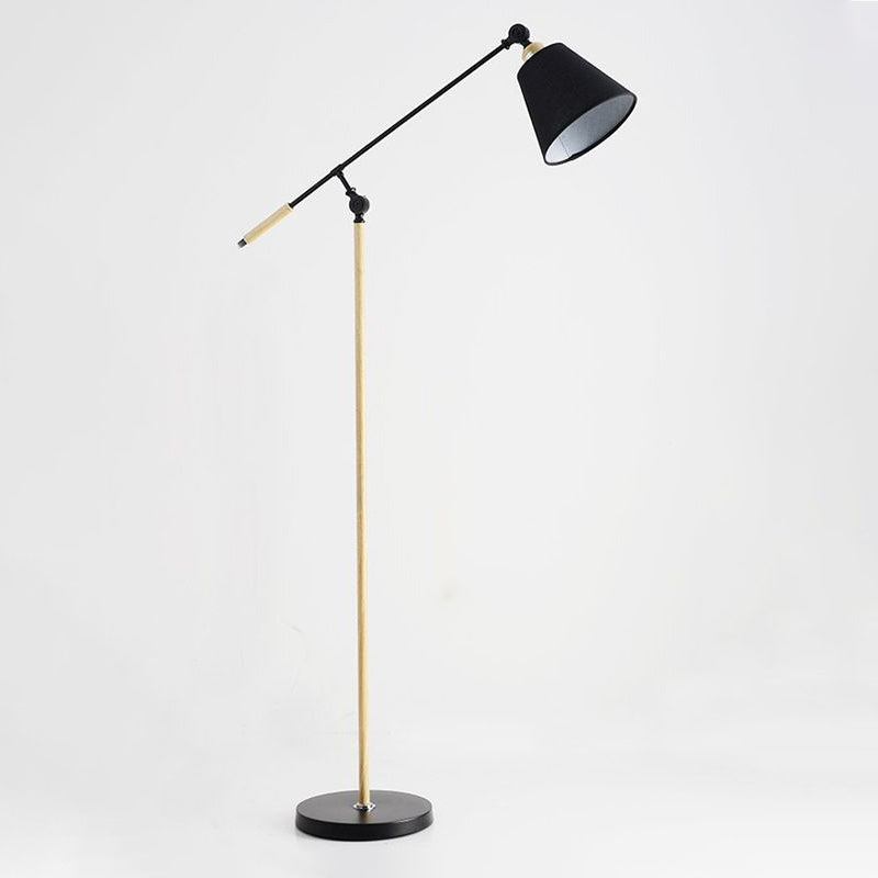 Tapered Floor Reading Lamp Nordic Fabric 1 Bulb Black/White and Wood Floor Light with Swing Arm Clearhalo 'Floor Lamps' 'Lamps' Lighting' 1972935