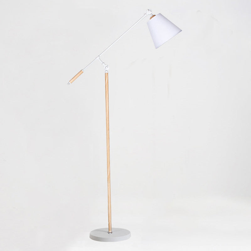 Tapered Floor Reading Lamp Nordic Fabric 1 Bulb Black/White and Wood Floor Light with Swing Arm Clearhalo 'Floor Lamps' 'Lamps' Lighting' 1972938