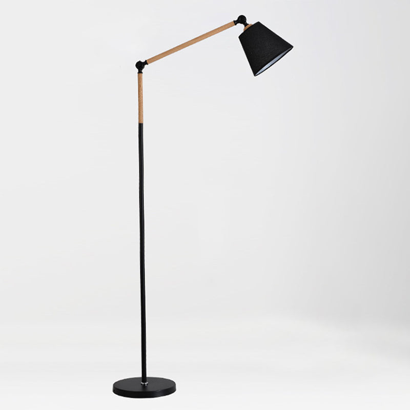 Tapered Floor Reading Lamp Nordic Fabric 1 Bulb Black/White and Wood Floor Light with Swing Arm Clearhalo 'Floor Lamps' 'Lamps' Lighting' 1972940