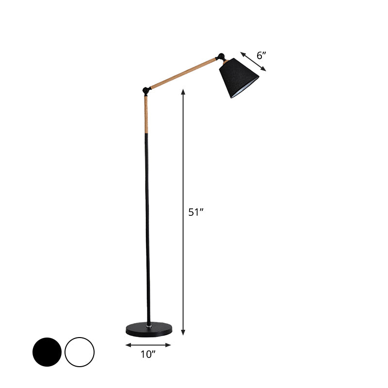 Tapered Floor Reading Lamp Nordic Fabric 1 Bulb Black/White and Wood Floor Light with Swing Arm Clearhalo 'Floor Lamps' 'Lamps' Lighting' 1972941
