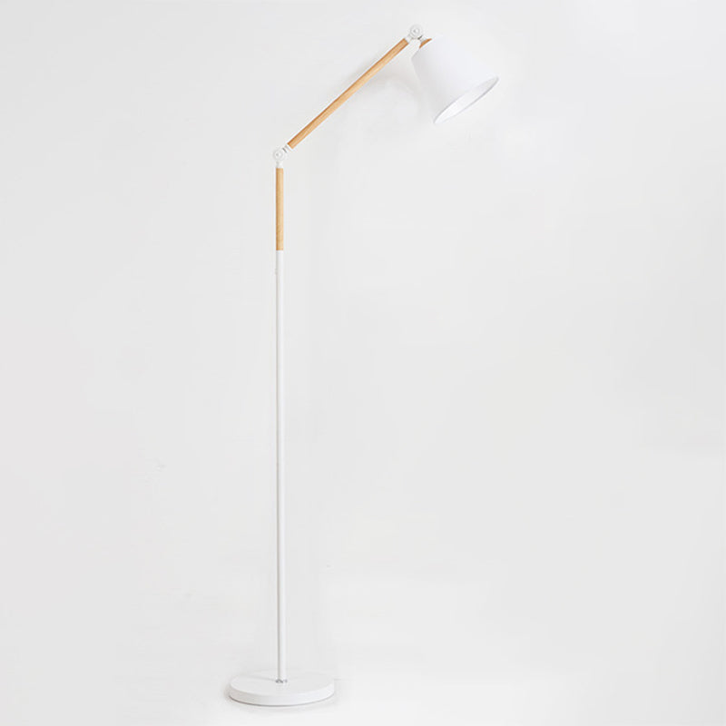 Tapered Floor Reading Lamp Nordic Fabric 1 Bulb Black/White and Wood Floor Light with Swing Arm Clearhalo 'Floor Lamps' 'Lamps' Lighting' 1972943