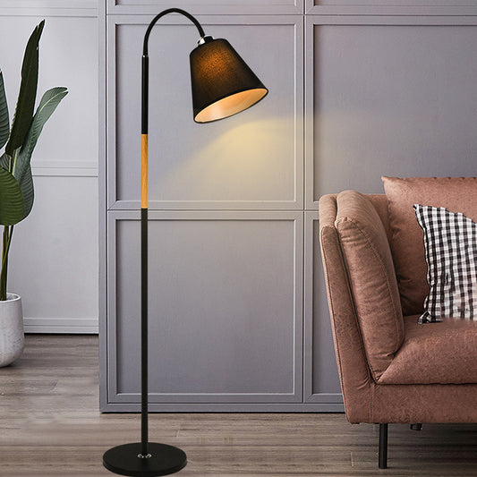 Nordic Single Floor Lamp Black/White and Wood Gooseneck Standing Light with Cone Fabric Shade Black Clearhalo 'Floor Lamps' 'Lamps' Lighting' 1972944