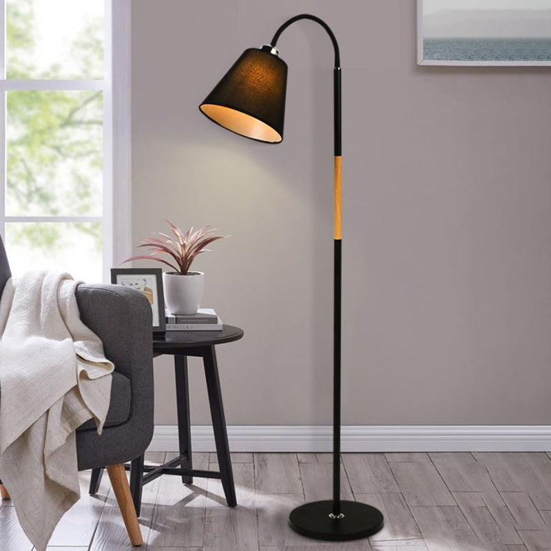 Nordic Single Floor Lamp Black/White and Wood Gooseneck Standing Light with Cone Fabric Shade Clearhalo 'Floor Lamps' 'Lamps' Lighting' 1972946