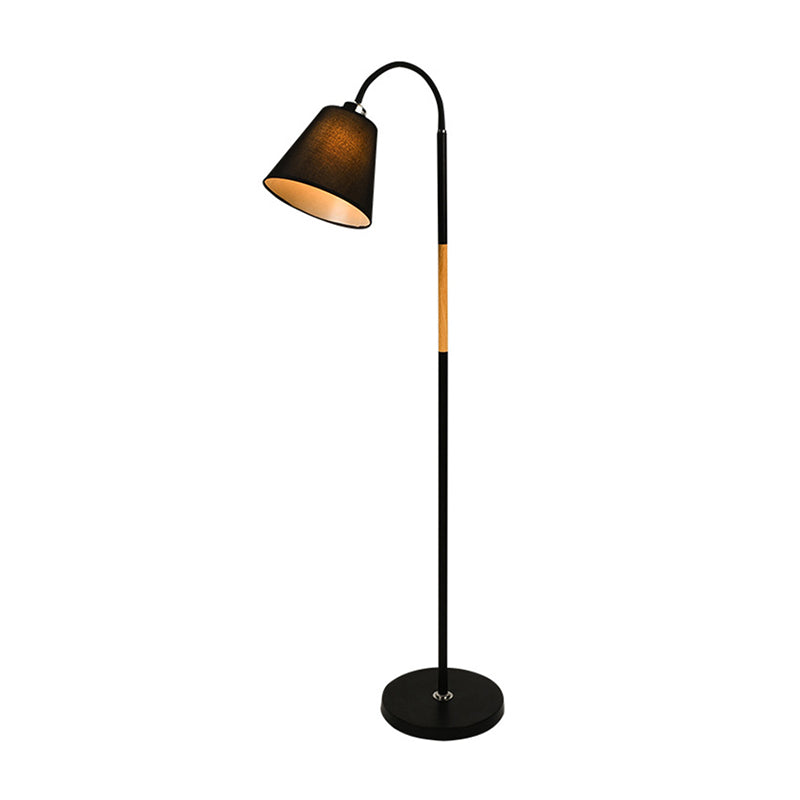 Nordic Single Floor Lamp Black/White and Wood Gooseneck Standing Light with Cone Fabric Shade Clearhalo 'Floor Lamps' 'Lamps' Lighting' 1972947
