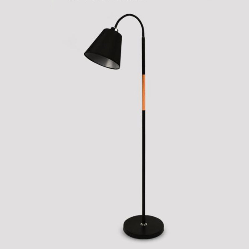 Nordic Single Floor Lamp Black/White and Wood Gooseneck Standing Light with Cone Fabric Shade Clearhalo 'Floor Lamps' 'Lamps' Lighting' 1972948