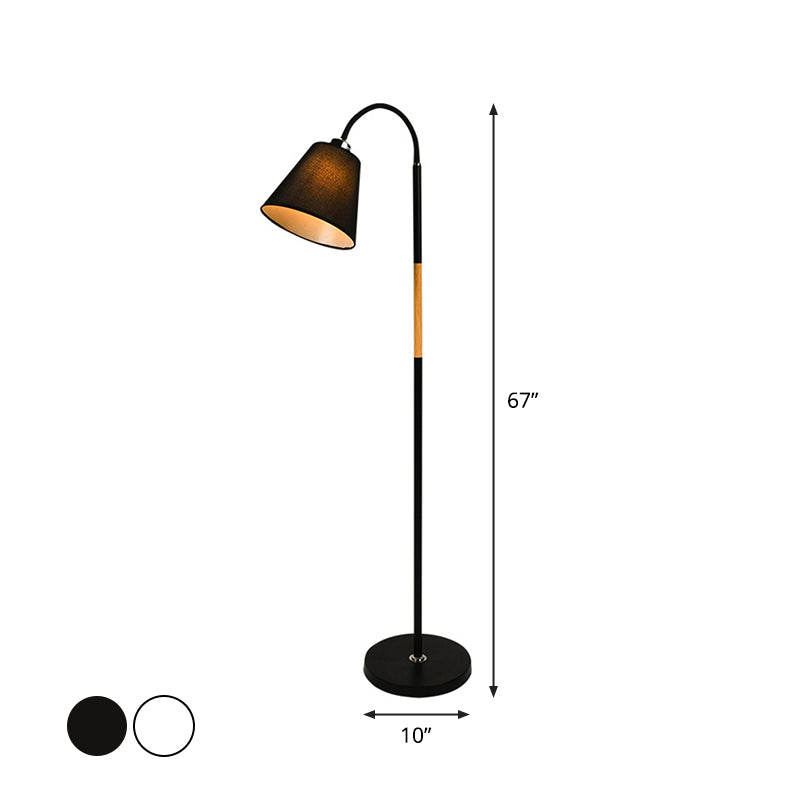 Nordic Single Floor Lamp Black/White and Wood Gooseneck Standing Light with Cone Fabric Shade Clearhalo 'Floor Lamps' 'Lamps' Lighting' 1972949