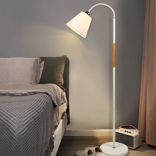Nordic Single Floor Lamp Black/White and Wood Gooseneck Standing Light with Cone Fabric Shade White Clearhalo 'Floor Lamps' 'Lamps' Lighting' 1972950