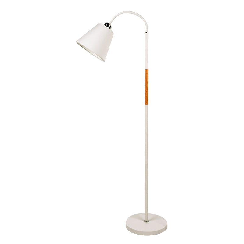 Nordic Single Floor Lamp Black/White and Wood Gooseneck Standing Light with Cone Fabric Shade Clearhalo 'Floor Lamps' 'Lamps' Lighting' 1972951