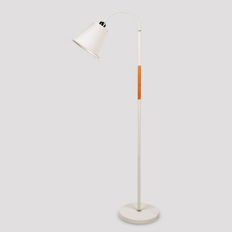 Nordic Single Floor Lamp Black/White and Wood Gooseneck Standing Light with Cone Fabric Shade Clearhalo 'Floor Lamps' 'Lamps' Lighting' 1972952