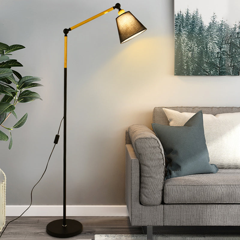 Swing Arm Living Room Floor Reading Lamp Wood 1 Head Nordic Floor Light with Cone Fabric Shade in Black/White Black Clearhalo 'Floor Lamps' 'Lamps' Lighting' 1972953