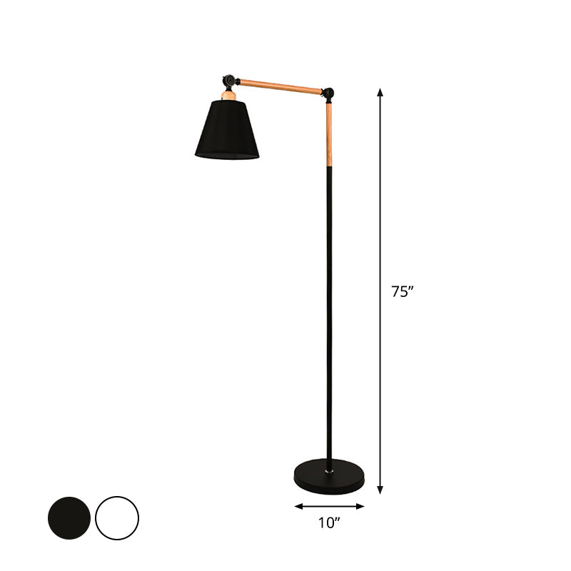 Swing Arm Living Room Floor Reading Lamp Wood 1 Head Nordic Floor Light with Cone Fabric Shade in Black/White Clearhalo 'Floor Lamps' 'Lamps' Lighting' 1972956