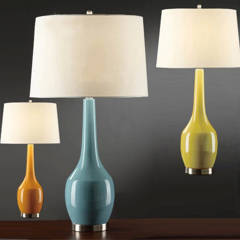 Tapered Drum Fabric Table Light Modern 1-Light Yellow/Blue/Orange Nightstand Lamp with Long Neck Vase Base Clearhalo 'Lamps' 'Table Lamps' Lighting' 1973006