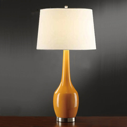 Tapered Drum Fabric Table Light Modern 1-Light Yellow/Blue/Orange Nightstand Lamp with Long Neck Vase Base Orange Clearhalo 'Lamps' 'Table Lamps' Lighting' 1973011