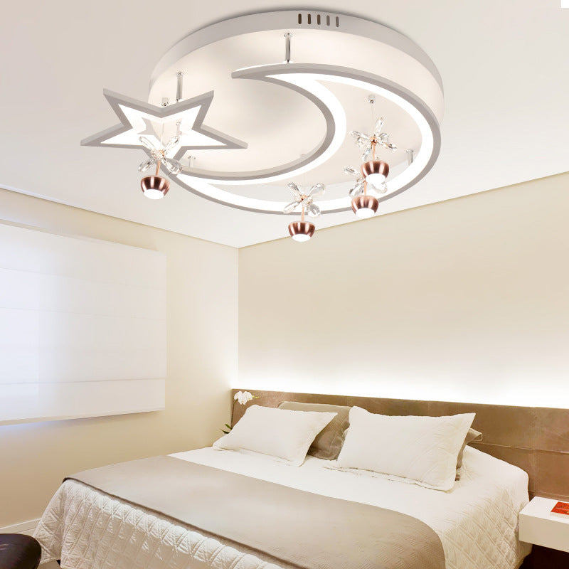 Acrylic Moon Star Semi Flushmount Light with Flower Crystal Modern LED Ceiling Lamp in White for Bedroom White Clearhalo 'Ceiling Lights' 'Close To Ceiling Lights' 'Close to ceiling' 'Semi-flushmount' Lighting' 197388