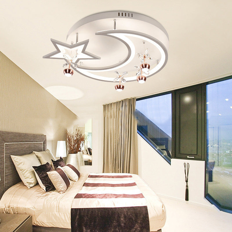 Acrylic Moon Star Semi Flushmount Light with Flower Crystal Modern LED Ceiling Lamp in White for Bedroom Clearhalo 'Ceiling Lights' 'Close To Ceiling Lights' 'Close to ceiling' 'Semi-flushmount' Lighting' 197389