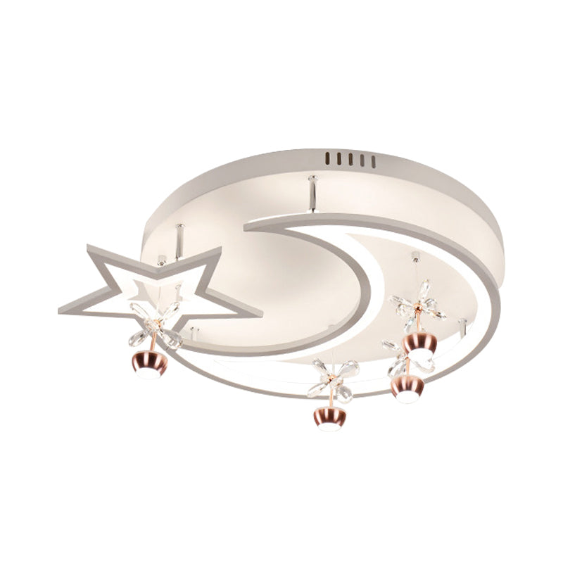 Acrylic Moon Star Semi Flushmount Light with Flower Crystal Modern LED Ceiling Lamp in White for Bedroom Clearhalo 'Ceiling Lights' 'Close To Ceiling Lights' 'Close to ceiling' 'Semi-flushmount' Lighting' 197390