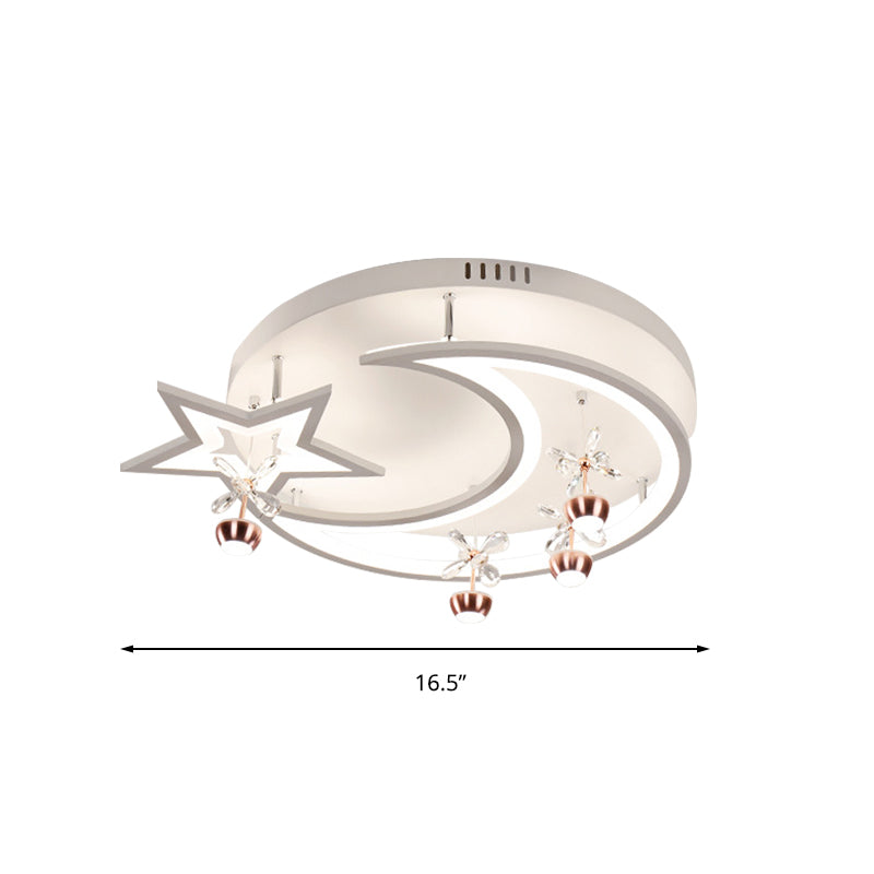 Acrylic Moon Star Semi Flushmount Light with Flower Crystal Modern LED Ceiling Lamp in White for Bedroom Clearhalo 'Ceiling Lights' 'Close To Ceiling Lights' 'Close to ceiling' 'Semi-flushmount' Lighting' 197391