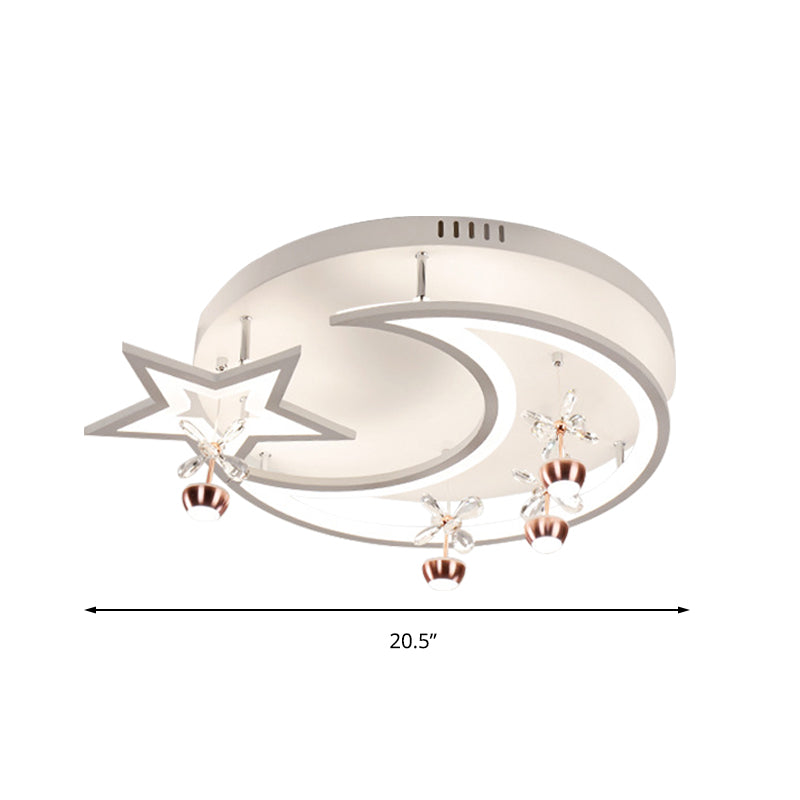 Acrylic Moon Star Semi Flushmount Light with Flower Crystal Modern LED Ceiling Lamp in White for Bedroom Clearhalo 'Ceiling Lights' 'Close To Ceiling Lights' 'Close to ceiling' 'Semi-flushmount' Lighting' 197392