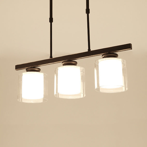 3/4-Light Cylinder Island Lamp Modern Black/Silver Clear Glass Pendant Light Fixture for Kitchen 3 Black Clearhalo 'Ceiling Lights' 'Close To Ceiling Lights' 'Glass shade' 'Glass' 'Island Lights' Lighting' 19760