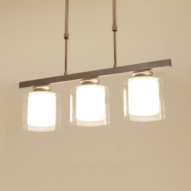 3/4-Light Cylinder Island Lamp Modern Black/Silver Clear Glass Pendant Light Fixture for Kitchen 3 Silver Clearhalo 'Ceiling Lights' 'Close To Ceiling Lights' 'Glass shade' 'Glass' 'Island Lights' Lighting' 19762