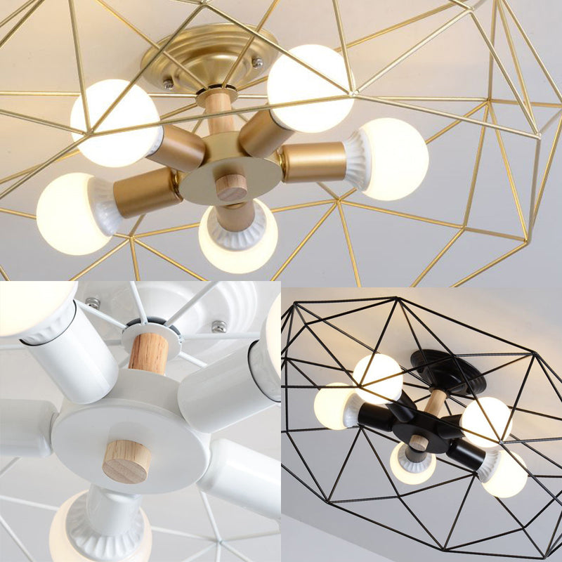 Geometric Semi Flush Mount Modern Metal 3/4/5 Lights White/Black/Gold Semi Flush Mount Light with Wire-Cage Shade Clearhalo 'Ceiling Lights' 'Close To Ceiling Lights' 'Close to ceiling' 'Semi-flushmount' Lighting' 197791