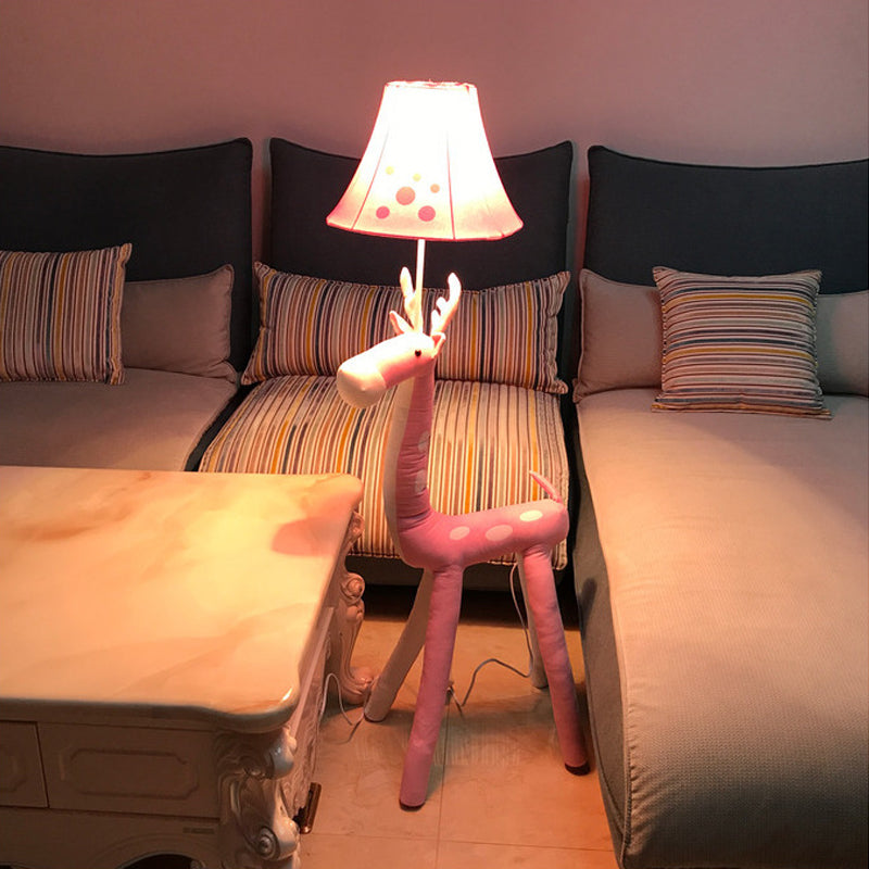 1 Bulb Sika Deer Floor Lamp with Tapered Shade Animal Fabric Floor Light in Pink for Girls Bedroom Pink Clearhalo 'Floor Lamps' 'Lamps' Lighting' 198025