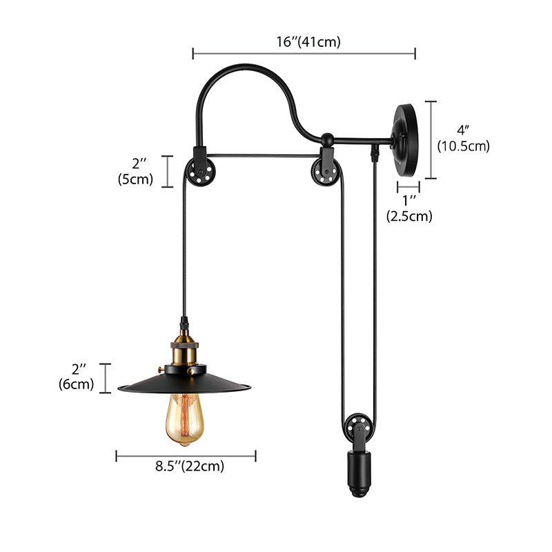 1 Bulb Flat Wall Mounted Lamp Industrial Style Black Metallic Adjustable Wall Lighting Fixture with Pulley Design Clearhalo 'Art deco wall lights' 'Cast Iron' 'Glass' 'Industrial wall lights' 'Industrial' 'Middle century wall lights' 'Modern' 'Rustic wall lights' 'Tiffany' 'Traditional wall lights' 'Wall Lamps & Sconces' 'Wall Lights' Lighting' 1981645
