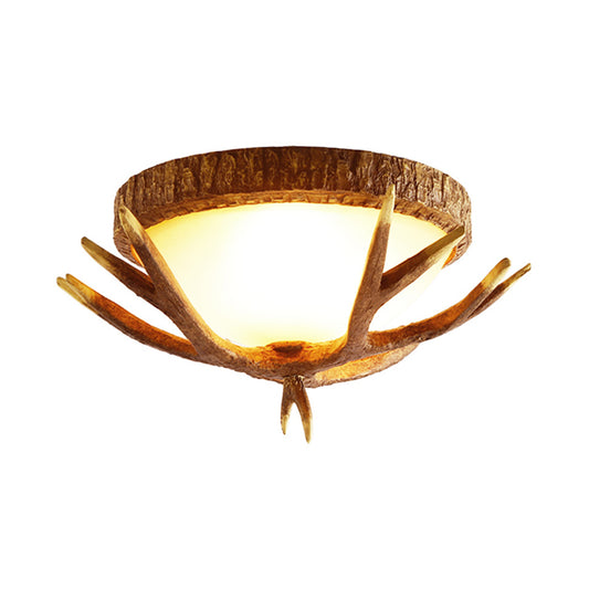Wood Brown Flush Mount Light Elk Antler 3 Heads Traditional Ceiling Lighting Fixture with Domed Glass Shade Brown Clearhalo 'Ceiling Lights' 'Close To Ceiling Lights' 'Close to ceiling' Lighting' 1981673