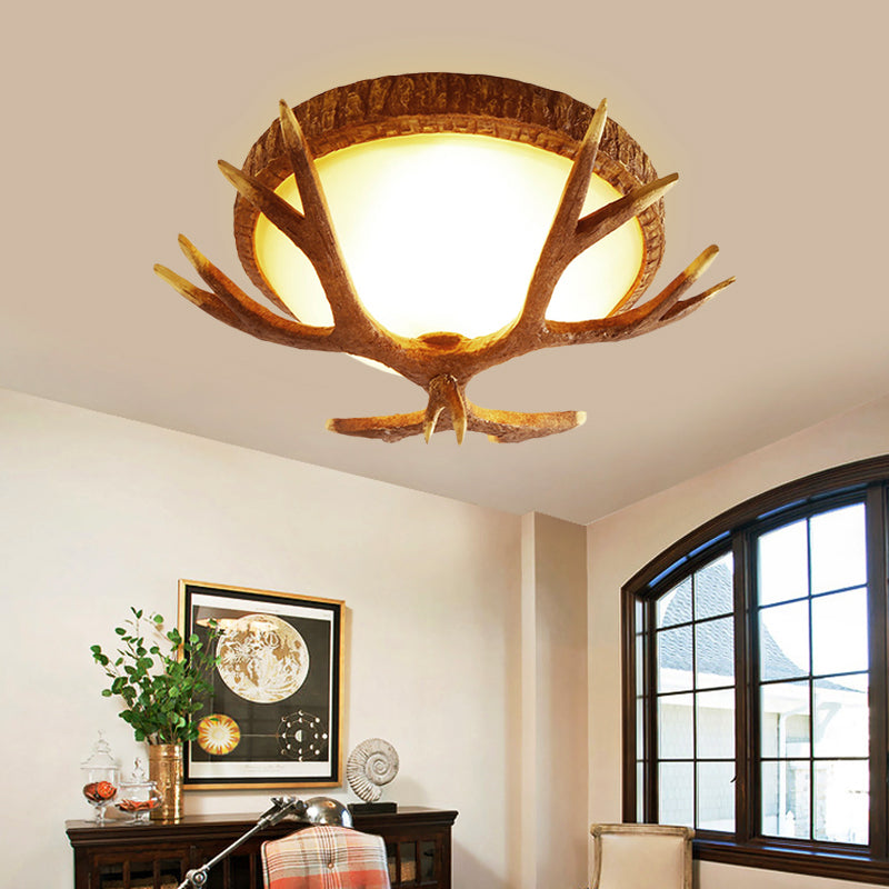 Wood Brown Flush Mount Light Elk Antler 3 Heads Traditional Ceiling Lighting Fixture with Domed Glass Shade Clearhalo 'Ceiling Lights' 'Close To Ceiling Lights' 'Close to ceiling' Lighting' 1981674