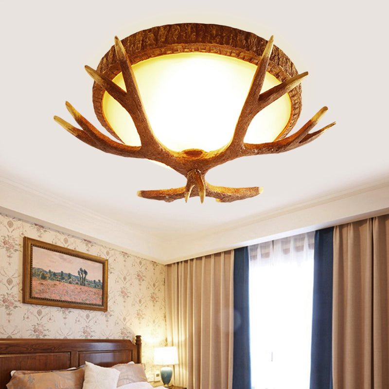 Wood Brown Flush Mount Light Elk Antler 3 Heads Traditional Ceiling Lighting Fixture with Domed Glass Shade Clearhalo 'Ceiling Lights' 'Close To Ceiling Lights' 'Close to ceiling' Lighting' 1981675