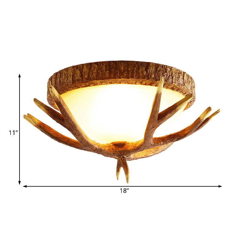 Wood Brown Flush Mount Light Elk Antler 3 Heads Traditional Ceiling Lighting Fixture with Domed Glass Shade Clearhalo 'Ceiling Lights' 'Close To Ceiling Lights' 'Close to ceiling' Lighting' 1981676