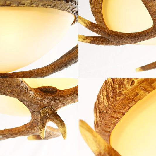 Wood Brown Flush Mount Light Elk Antler 3 Heads Traditional Ceiling Lighting Fixture with Domed Glass Shade Clearhalo 'Ceiling Lights' 'Close To Ceiling Lights' 'Close to ceiling' Lighting' 1981677