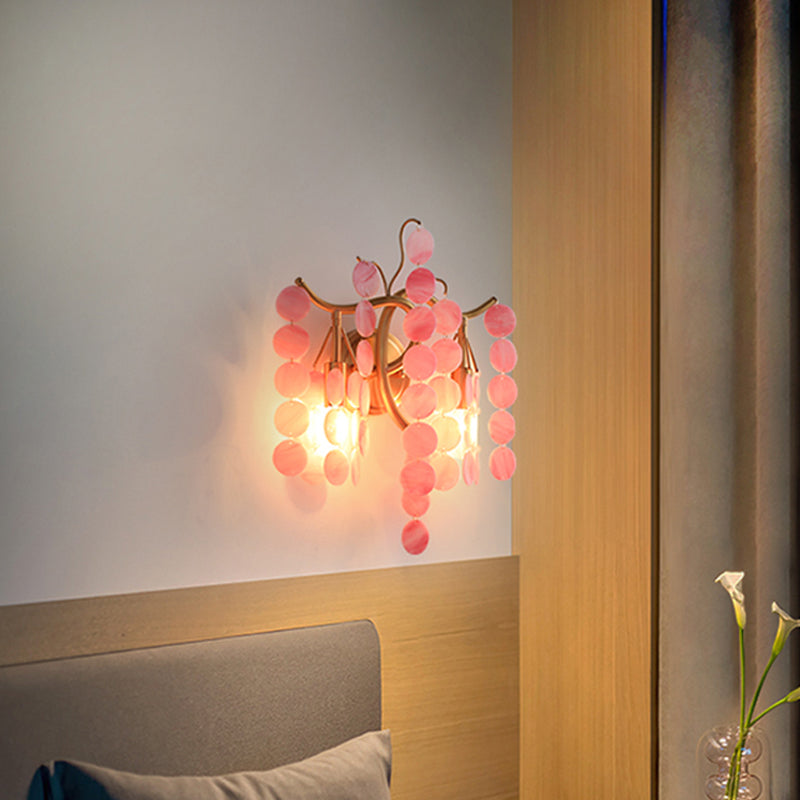 Modernism Branch Wall Light Fixture Metal 2-Head Bedroom Sconce Lighting in Brass with White/Pink/Blue Crystal Deco Pink Clearhalo 'Wall Lamps & Sconces' 'Wall Lights' Lighting' 1981695