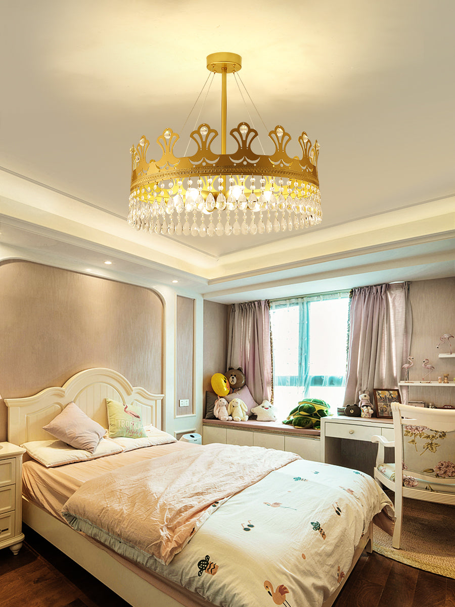 Crown Chandelier Lamp Simplicity Metal 3/4/6 Lights Bedroom Pendant Lighting in Brass with Crystal Drop, 12"/18"/23.5" W Brass 23.5" Clearhalo 'Ceiling Lights' 'Chandeliers' 'Modern Chandeliers' 'Modern' Lighting' 1981706