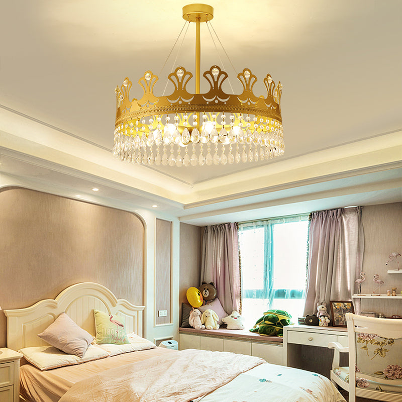 Crown Chandelier Lamp Simplicity Metal 3/4/6 Lights Bedroom Pendant Lighting in Brass with Crystal Drop, 12"/18"/23.5" W Clearhalo 'Ceiling Lights' 'Chandeliers' 'Modern Chandeliers' 'Modern' Lighting' 1981707