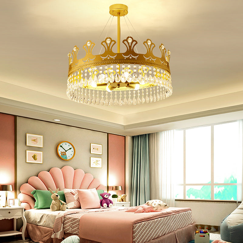 Crown Chandelier Lamp Simplicity Metal 3/4/6 Lights Bedroom Pendant Lighting in Brass with Crystal Drop, 12"/18"/23.5" W Clearhalo 'Ceiling Lights' 'Chandeliers' 'Modern Chandeliers' 'Modern' Lighting' 1981708