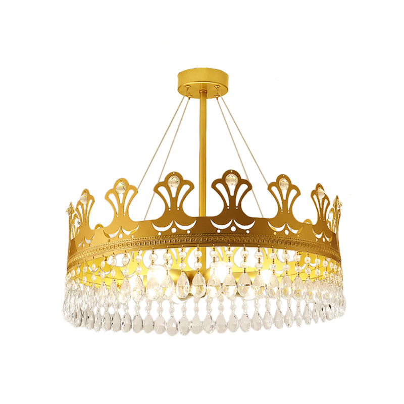 Crown Chandelier Lamp Simplicity Metal 3/4/6 Lights Bedroom Pendant Lighting in Brass with Crystal Drop, 12"/18"/23.5" W Clearhalo 'Ceiling Lights' 'Chandeliers' 'Modern Chandeliers' 'Modern' Lighting' 1981709