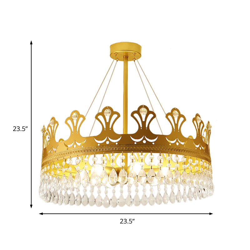 Crown Chandelier Lamp Simplicity Metal 3/4/6 Lights Bedroom Pendant Lighting in Brass with Crystal Drop, 12"/18"/23.5" W Clearhalo 'Ceiling Lights' 'Chandeliers' 'Modern Chandeliers' 'Modern' Lighting' 1981710