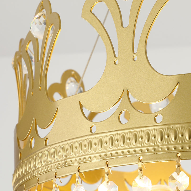 Crown Chandelier Lamp Simplicity Metal 3/4/6 Lights Bedroom Pendant Lighting in Brass with Crystal Drop, 12"/18"/23.5" W Clearhalo 'Ceiling Lights' 'Chandeliers' 'Modern Chandeliers' 'Modern' Lighting' 1981711