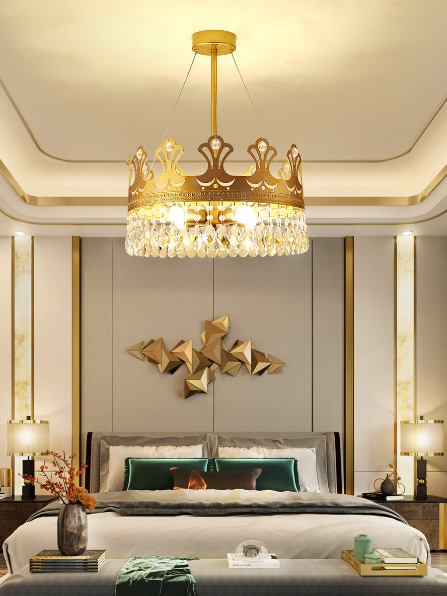 Crown Chandelier Lamp Simplicity Metal 3/4/6 Lights Bedroom Pendant Lighting in Brass with Crystal Drop, 12"/18"/23.5" W Brass 18" Clearhalo 'Ceiling Lights' 'Chandeliers' 'Modern Chandeliers' 'Modern' Lighting' 1981712