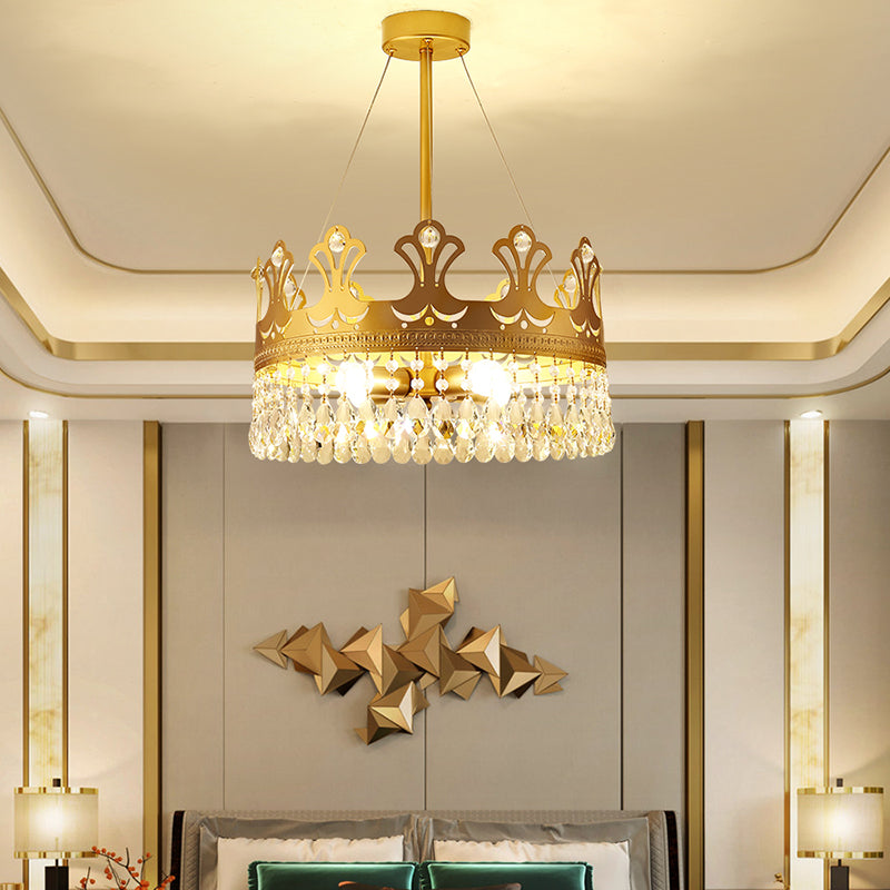 Crown Chandelier Lamp Simplicity Metal 3/4/6 Lights Bedroom Pendant Lighting in Brass with Crystal Drop, 12"/18"/23.5" W Clearhalo 'Ceiling Lights' 'Chandeliers' 'Modern Chandeliers' 'Modern' Lighting' 1981713