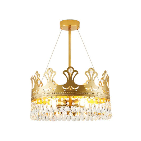 Crown Chandelier Lamp Simplicity Metal 3/4/6 Lights Bedroom Pendant Lighting in Brass with Crystal Drop, 12"/18"/23.5" W Clearhalo 'Ceiling Lights' 'Chandeliers' 'Modern Chandeliers' 'Modern' Lighting' 1981714