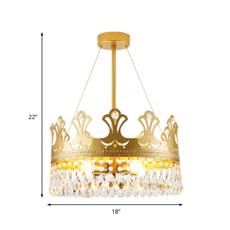 Crown Chandelier Lamp Simplicity Metal 3/4/6 Lights Bedroom Pendant Lighting in Brass with Crystal Drop, 12"/18"/23.5" W Clearhalo 'Ceiling Lights' 'Chandeliers' 'Modern Chandeliers' 'Modern' Lighting' 1981715