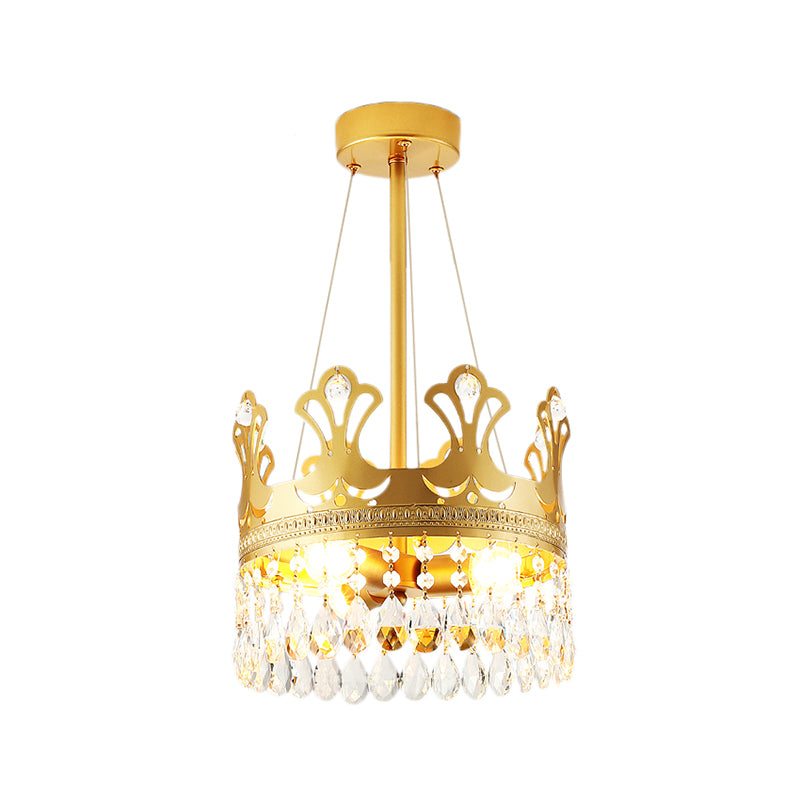 Crown Chandelier Lamp Simplicity Metal 3/4/6 Lights Bedroom Pendant Lighting in Brass with Crystal Drop, 12"/18"/23.5" W Clearhalo 'Ceiling Lights' 'Chandeliers' 'Modern Chandeliers' 'Modern' Lighting' 1981719