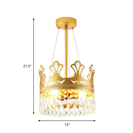 Crown Chandelier Lamp Simplicity Metal 3/4/6 Lights Bedroom Pendant Lighting in Brass with Crystal Drop, 12"/18"/23.5" W Clearhalo 'Ceiling Lights' 'Chandeliers' 'Modern Chandeliers' 'Modern' Lighting' 1981720