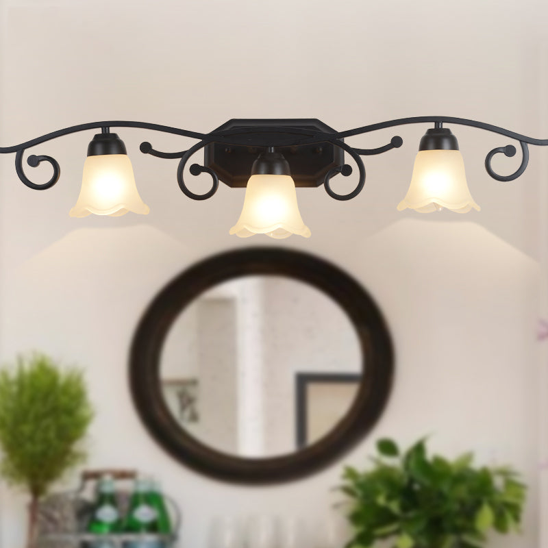 Floral White Glass Shade Vanity Lighting Countryside 2/3 Heads Bathroom Wall Mounted Lamp in Black 3.0 White Clearhalo 'Wall Lamps & Sconces' 'Wall Lights' Lighting' 1981733