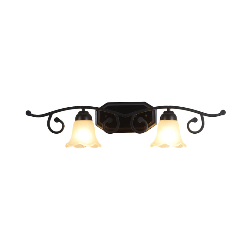 Floral White Glass Shade Vanity Lighting Countryside 2/3 Heads Bathroom Wall Mounted Lamp in Black 2.0 White Clearhalo 'Wall Lamps & Sconces' 'Wall Lights' Lighting' 1981738